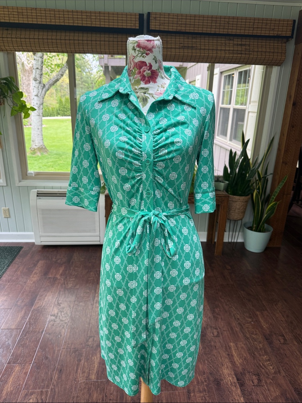 LAUNDRY by Design Green Geometric Collared Button Down Shirt Dress, size 8